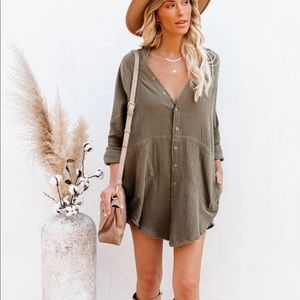 KENNEDY COTTON POCKETED BUTTON DOWN TUNIC - OLIVE